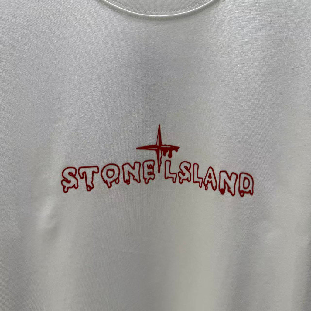 Stone Island Spring–Summer 2026 T-Shirt — Flock-Print Bubble Letter Logo, Compass Star Centre Chest