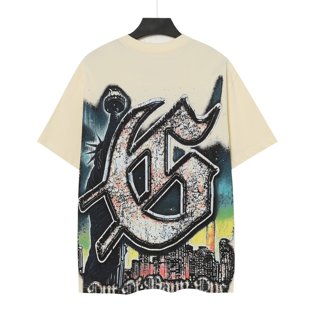 Godspeed Skeleton Driving NYC Double‑Sided Short Sleeve Tee (Slate Blue / Cream Yellow)