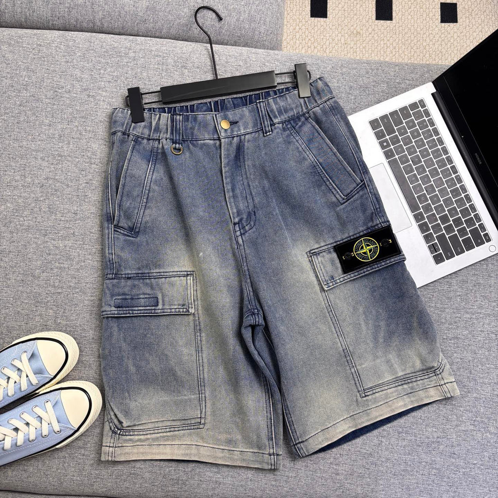 Stone Island Washed Denim Cargo Shorts with Front Patch Pockets and Compass Badge