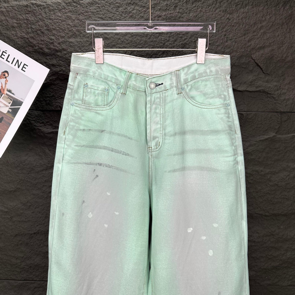 Acne Studios Mint Wash Paint‑Splatter Wide‑Leg Jeans