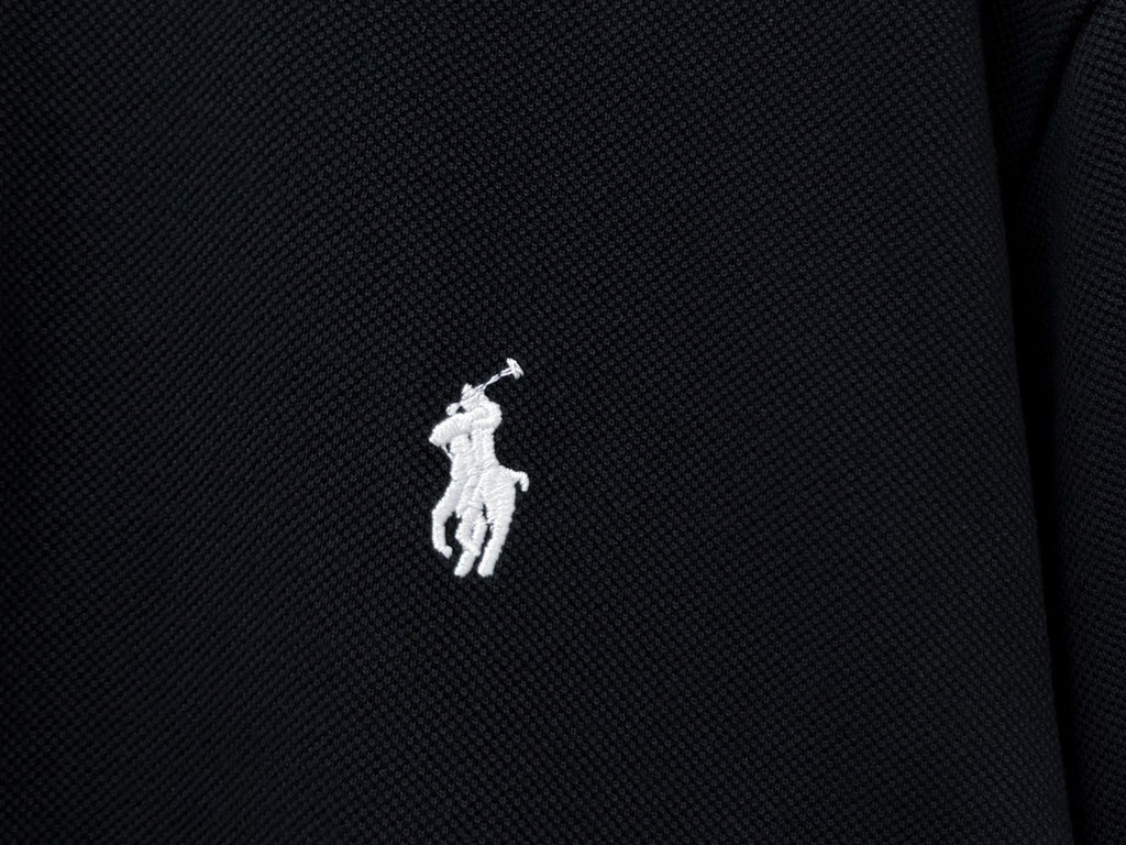 Men's Pique Knit Short‑Sleeve Polo Shirt Small Horse Embroidery Solid Black Casual Top