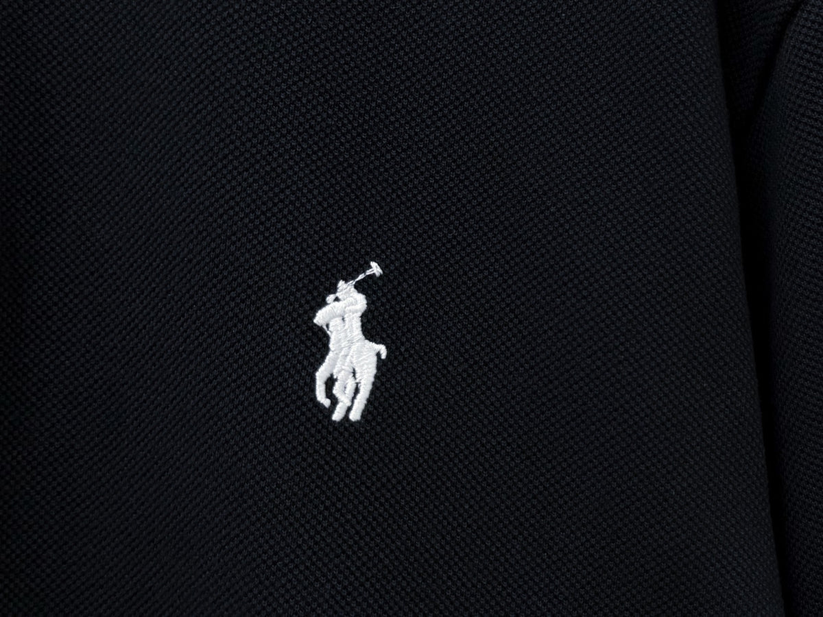 Men's Pique Knit Short‑Sleeve Polo Shirt Small Horse Embroidery Solid Black Casual Top
