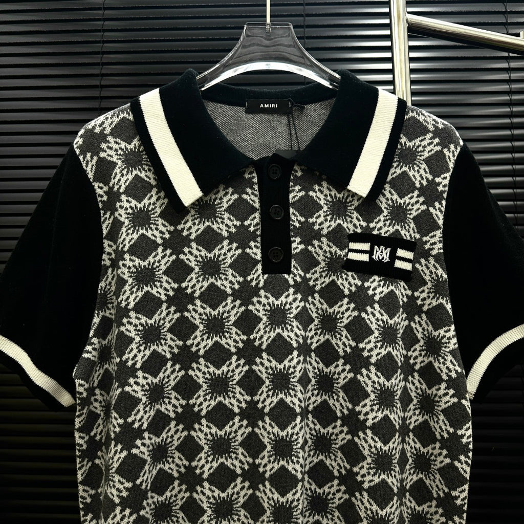 AMIRI Geometric Jacquard Color‑Block Short‑Sleeve Knit Polo Shirt