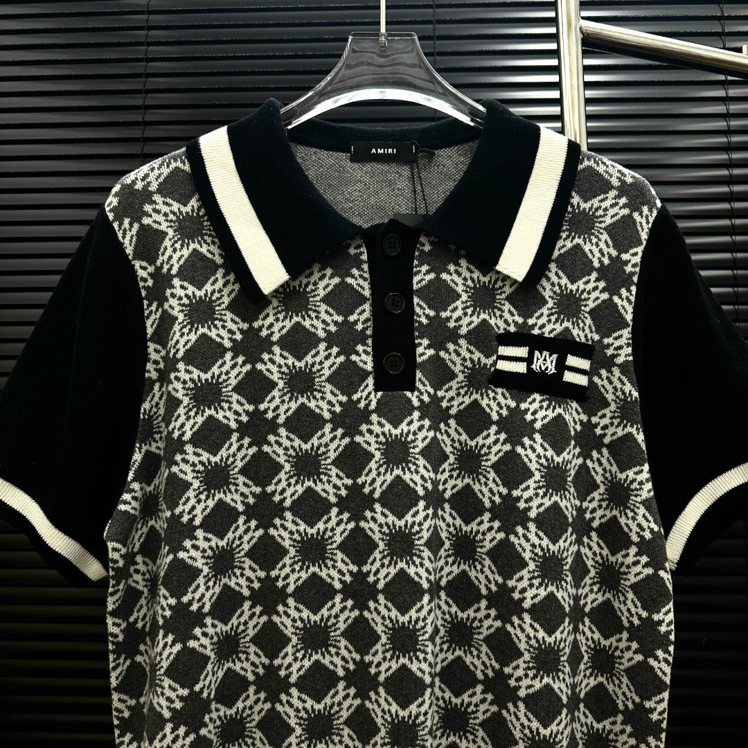 AMIRI Geometric Jacquard Color‑Block Short‑Sleeve Knit Polo Shirt