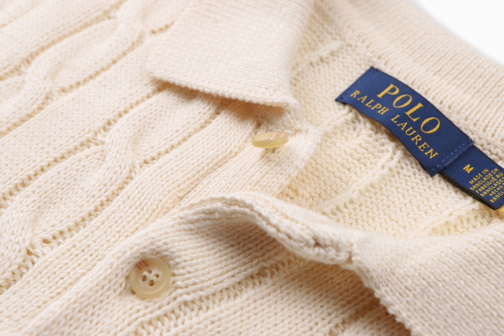 Polo Ralph Lauren Men’s Cable‑Knit Short‑Sleeve Polo Sweater With Navy Pony Embroidery