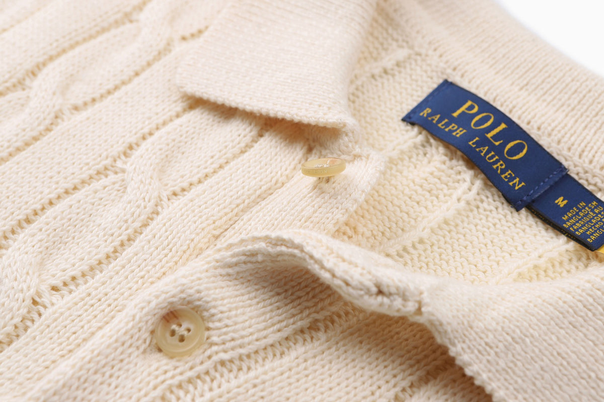 Polo Ralph Lauren Men’s Cable‑Knit Short‑Sleeve Polo Sweater With Navy Pony Embroidery