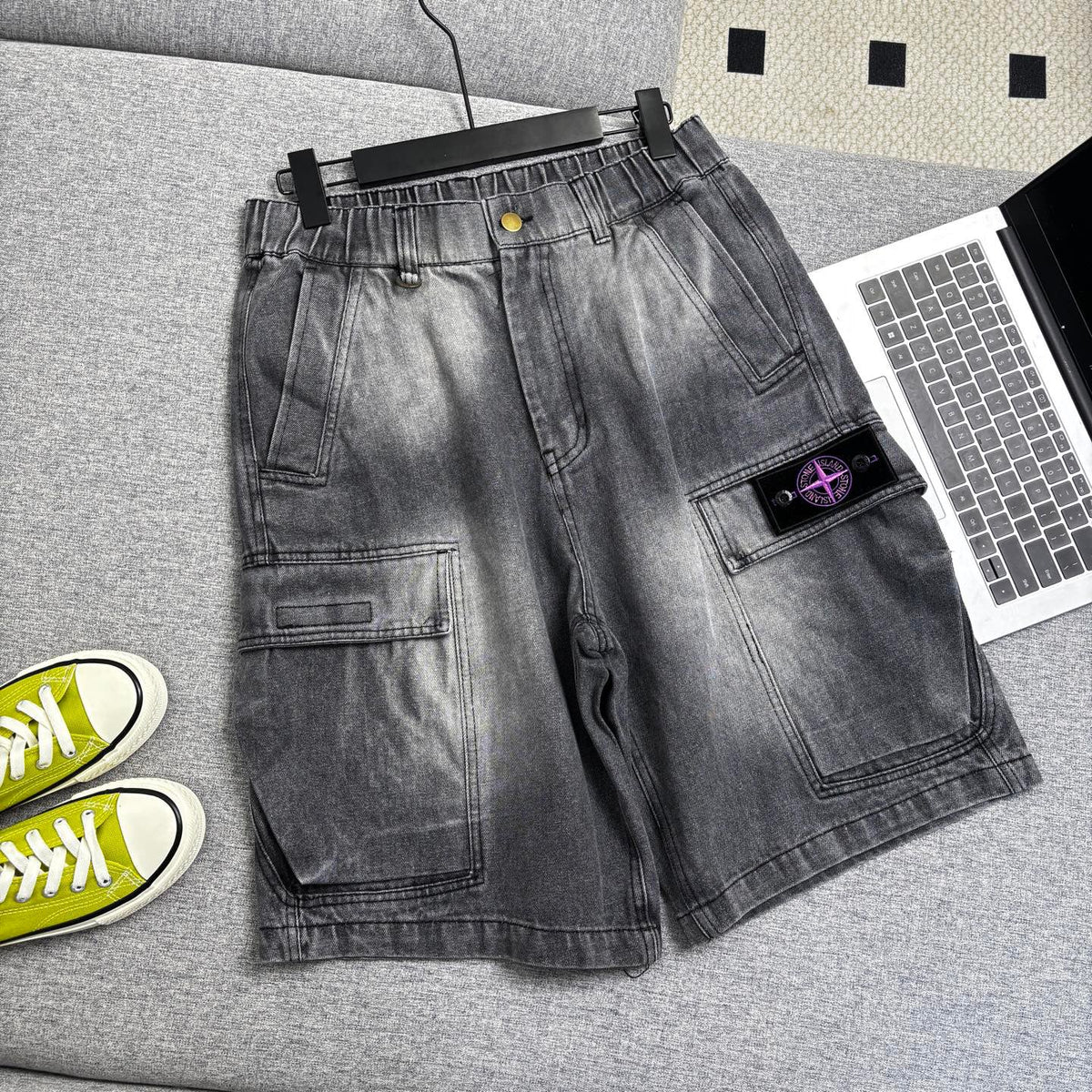 Stone Island Washed Denim Cargo Shorts with Front Patch Pockets and Compass Badge