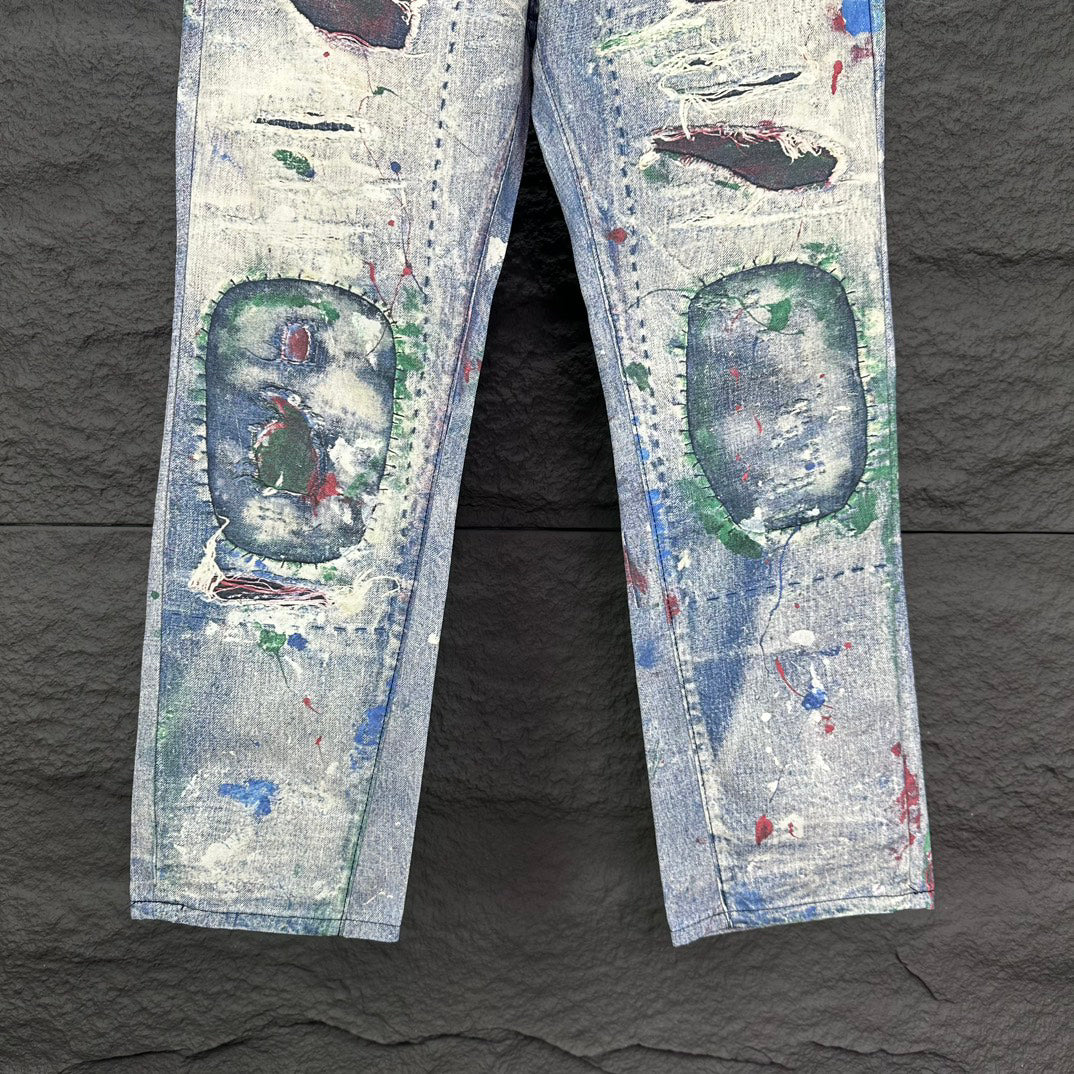 Acne Studios Distressed Paint‑Splatter Patchwork Straight‑Leg Jeans