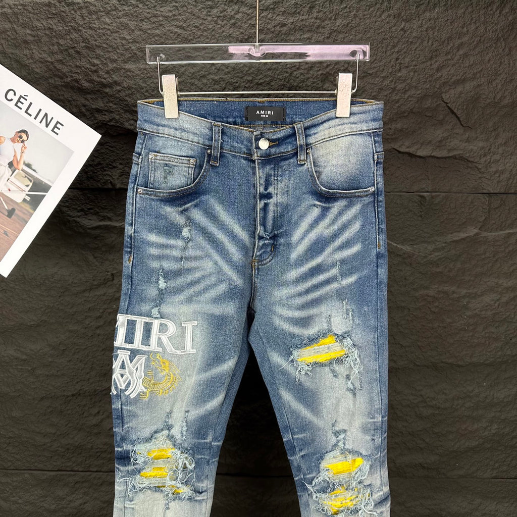 AMIRI Yellow Patch Distressed Printed Slim‑Fit Denim Jeans