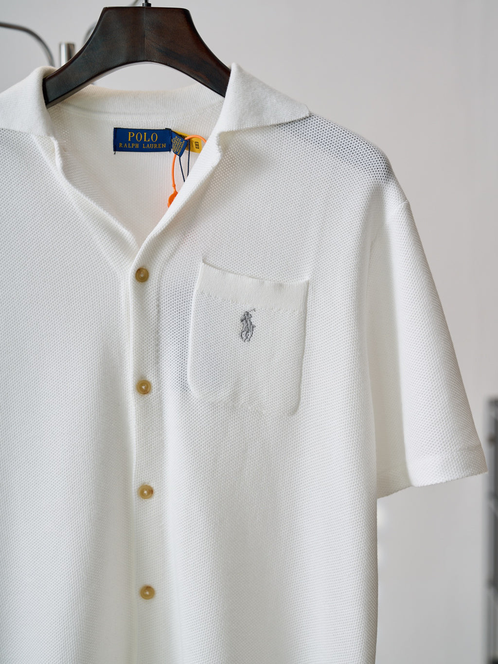 Polo Ralph Lauren Men's Camp‑Collar Button‑Front Waffle‑Knit Short‑Sleeve Shirt, Grey Pony Embroidery