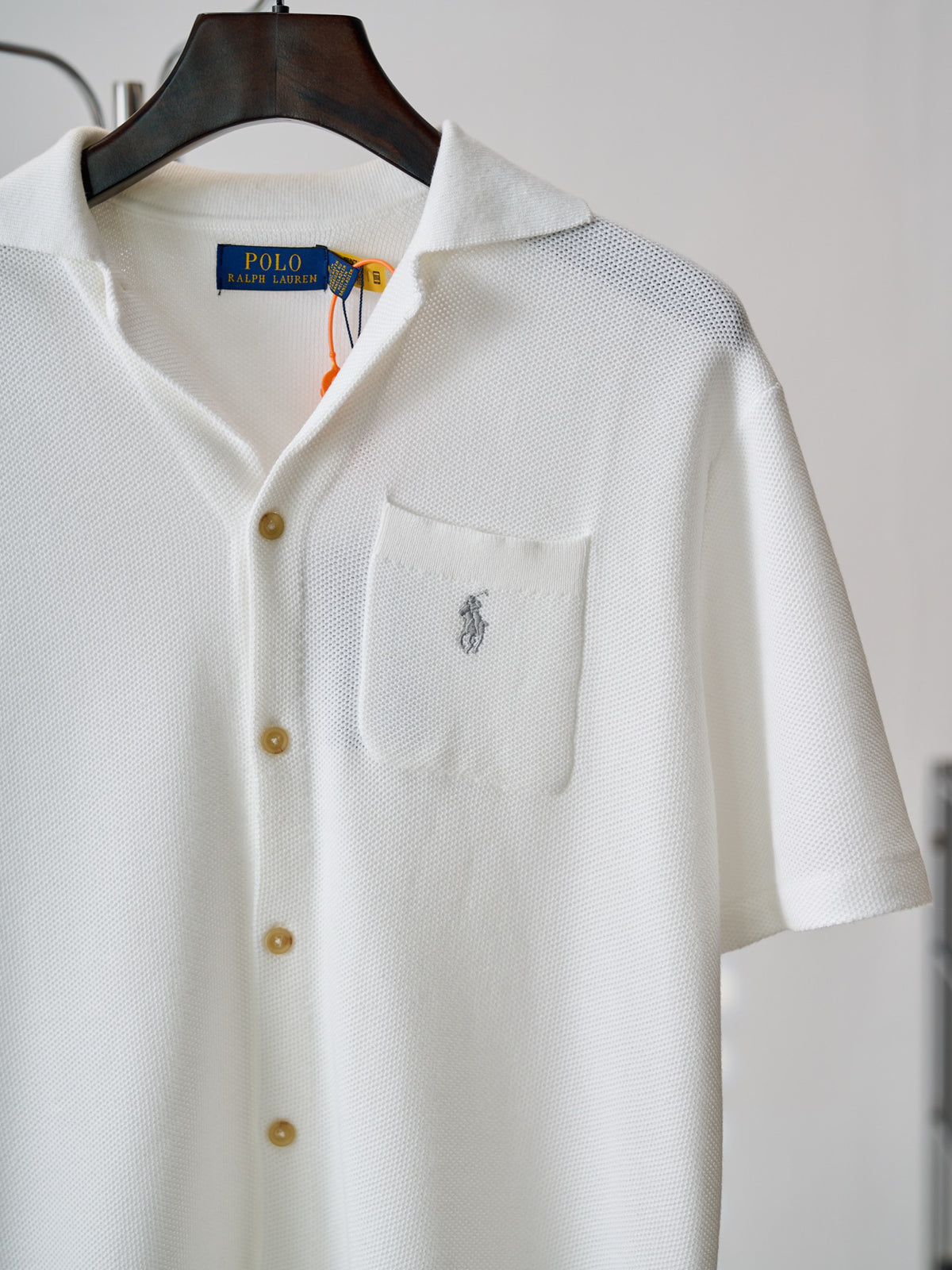 Polo Ralph Lauren Men's Camp‑Collar Button‑Front Waffle‑Knit Short‑Sleeve Shirt, Grey Pony Embroidery