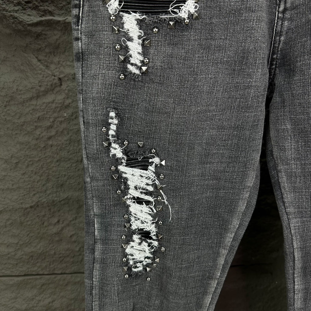 AMIRI Studded Multi‑Rip Distressed Slim‑Fit Denim Jeans