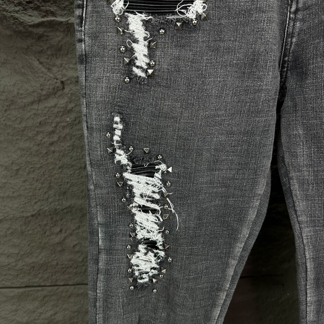 AMIRI Studded Multi‑Rip Distressed Slim‑Fit Denim Jeans