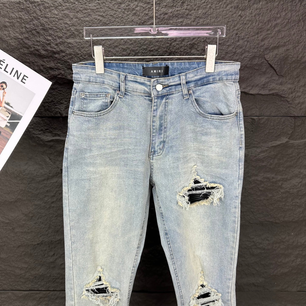 AMIRI Black Ribbed Patch Distressed Slim‑Fit Denim Jeans