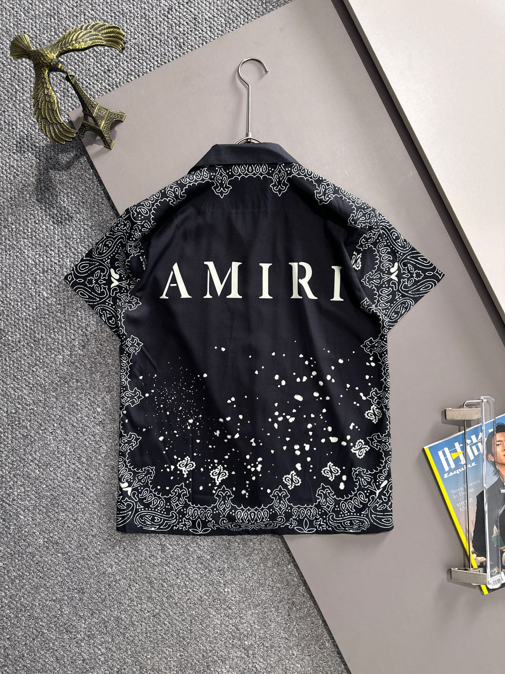 AMIRI MA Logo Bandana Border Bleach Splatter Camp Collar Shirt and Shorts Set
