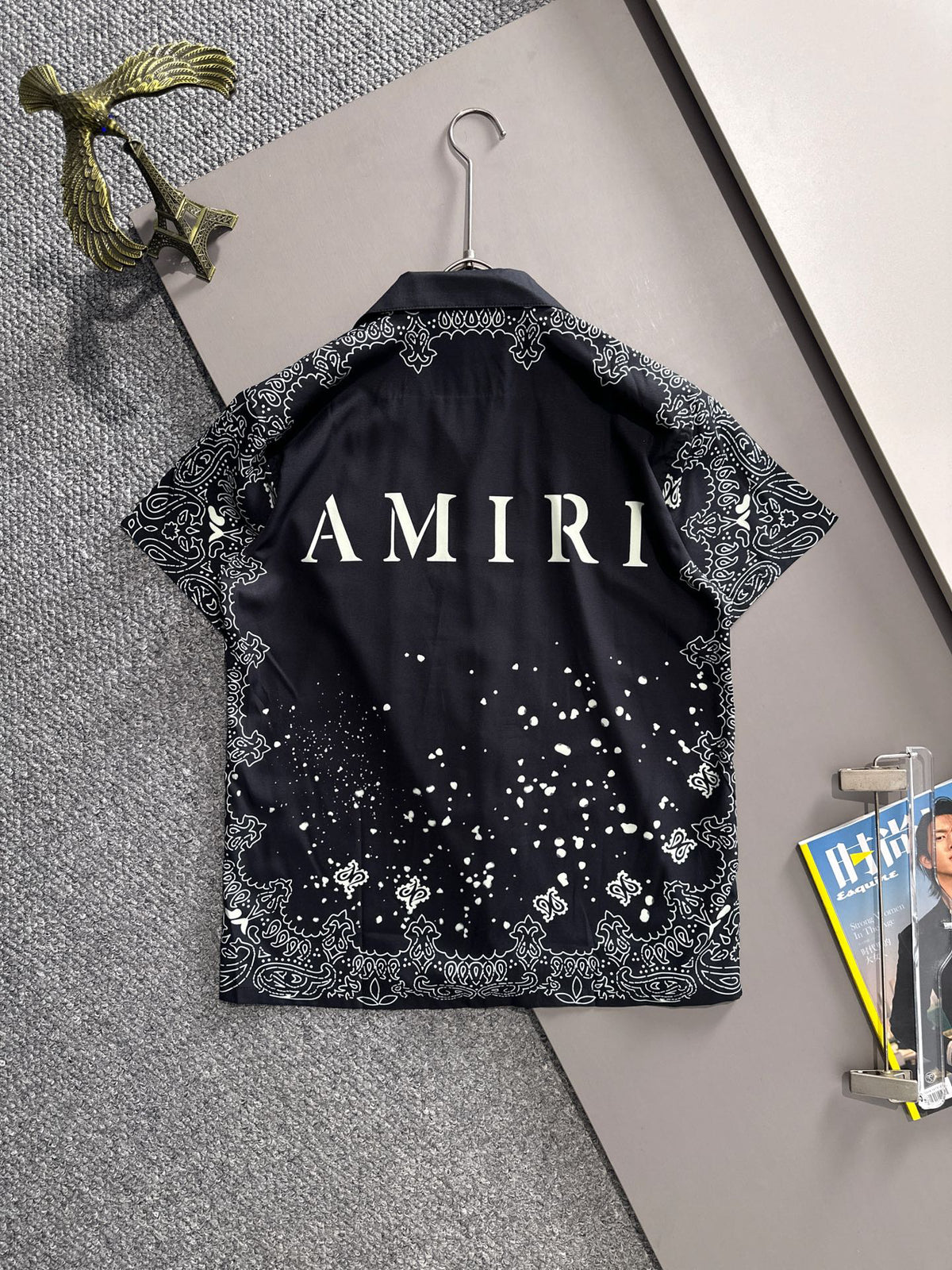 AMIRI MA Logo Bandana Border Bleach Splatter Camp Collar Shirt and Shorts Set
