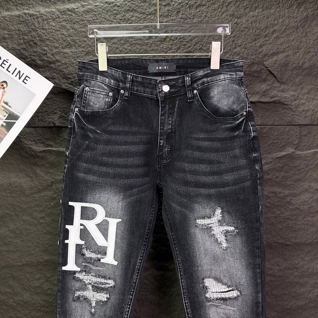 AMIRI Logo‑Print Multi‑Rip Distressed Slim‑Fit Denim Jeans
