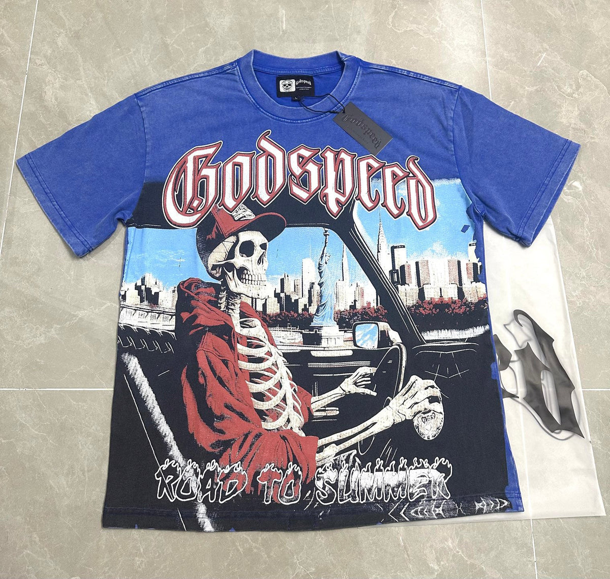 Godspeed NYC Skeleton Driver Vintage Wash Short‑Sleeve Tee (Washed Blue)