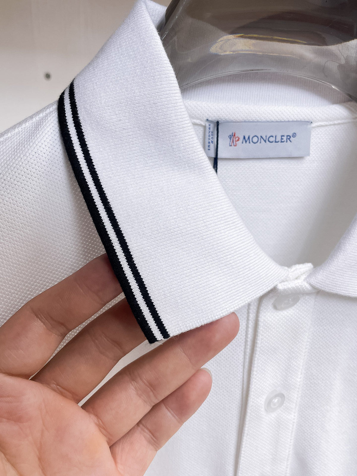 Moncler Striped‑Trim Short‑Sleeve Polo Shirt (White)