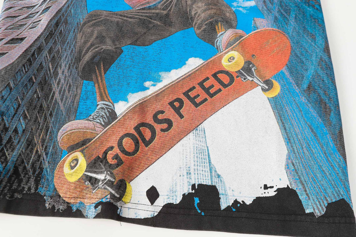 Godspeed Skeleton Skateboard City Graphic T‑Shirt (Washed Black)