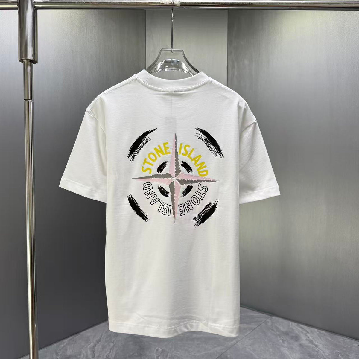 Stone Island Spring–Summer 2026 T-Shirt — Crystalline Prism-Effect Compass Star Print at Right Chest