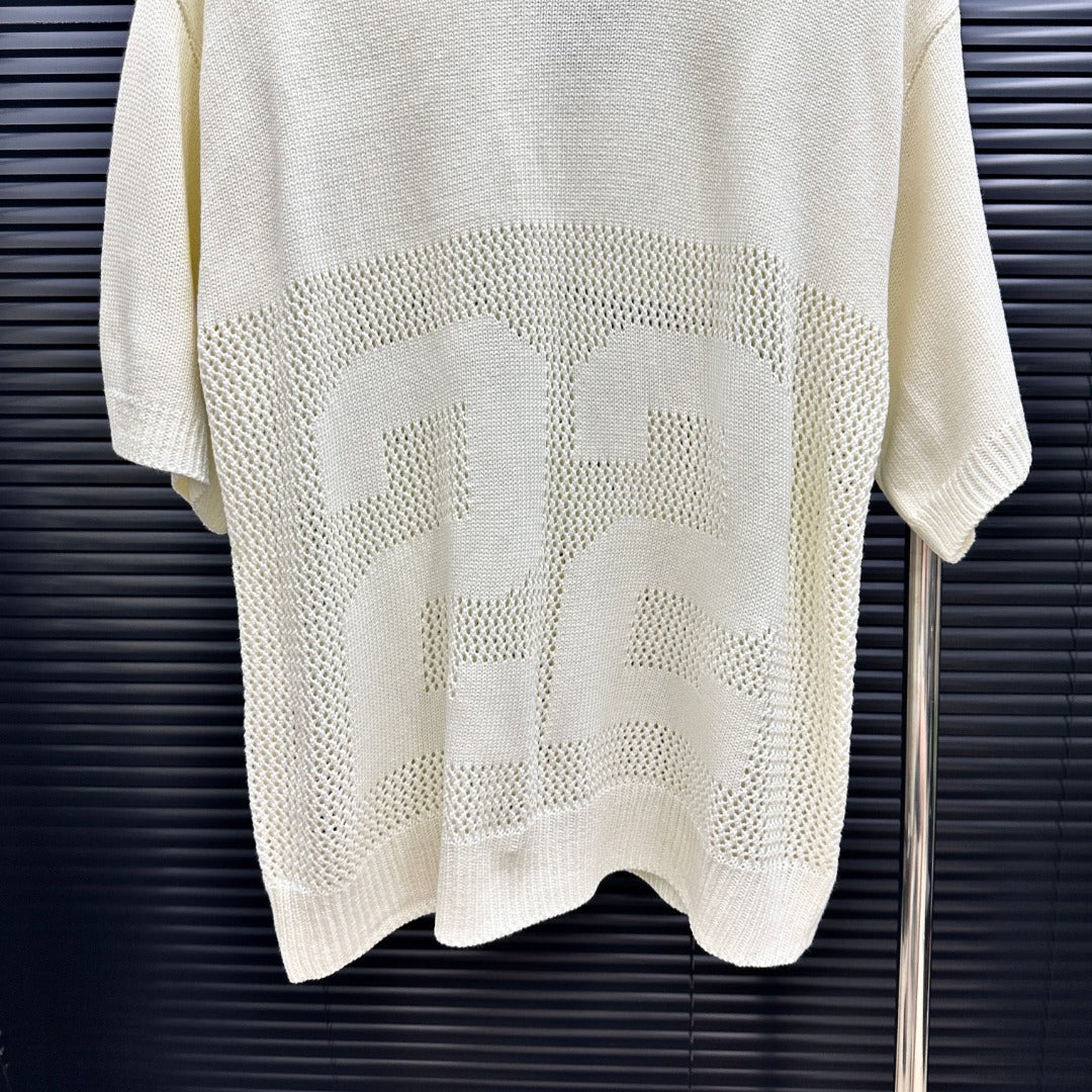 AMIRI Number Motif Mesh Knit Short‑Sleeve Sweater