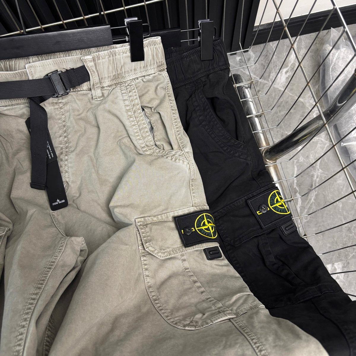 Stone Island Washed Multi-Pocket Cargo Trousers with Buckle Belt and Compass Badge
