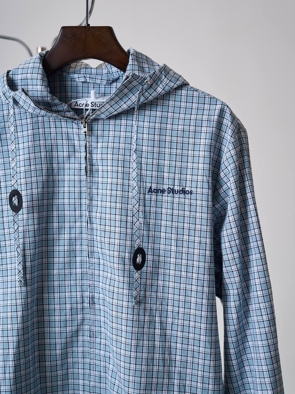 Acne Studios Blue Gingham Zip‑Up Hooded Jacket