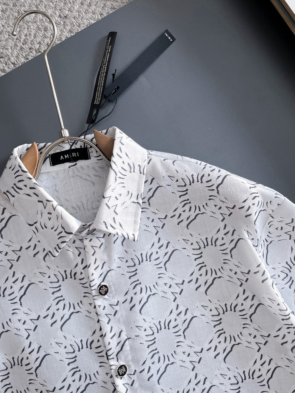 AMIRI All‑Over Print Short‑Sleeve Button‑Up Shirt & Drawstring Shorts Two‑Piece Summer Set