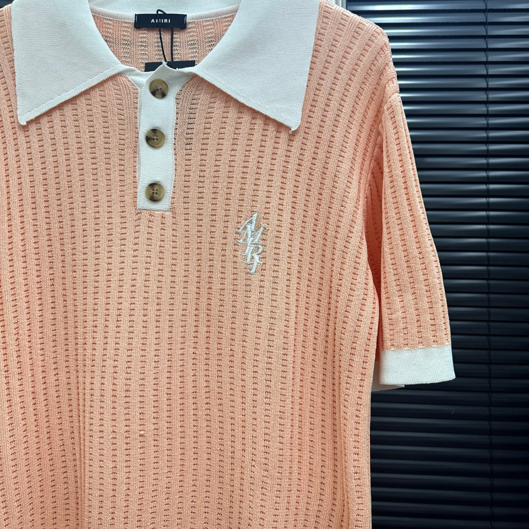 AMIRI Contrast‑Trim Ribbed Knit Short‑Sleeve Polo Shirt