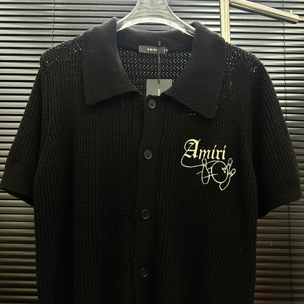 AMIRI Gothic Script Embroidered Short‑Sleeve Knit Cardigan