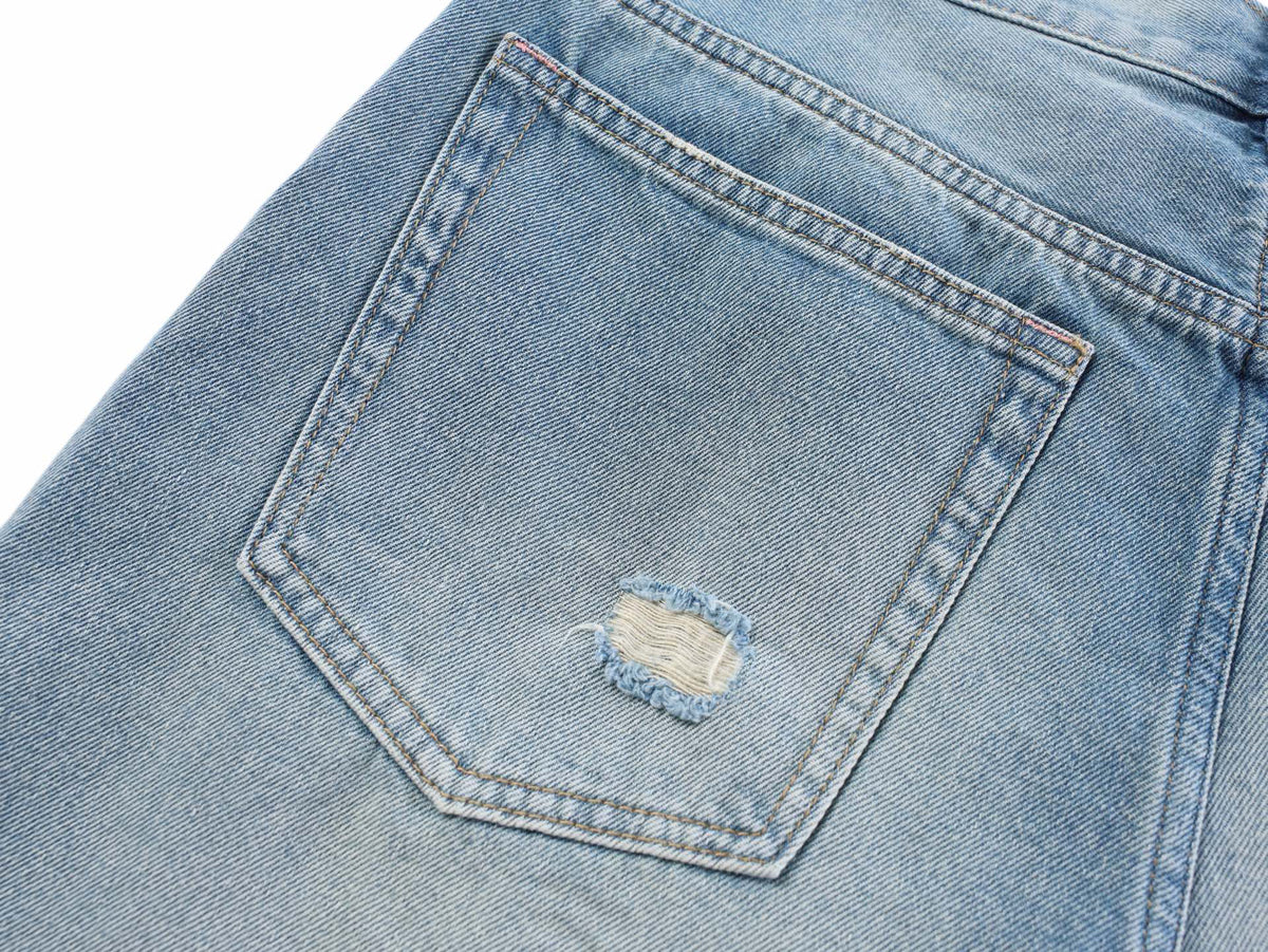 Acne Studios Heavy‑Ripped Distressed Washed Denim Wide‑Leg Jort Shorts