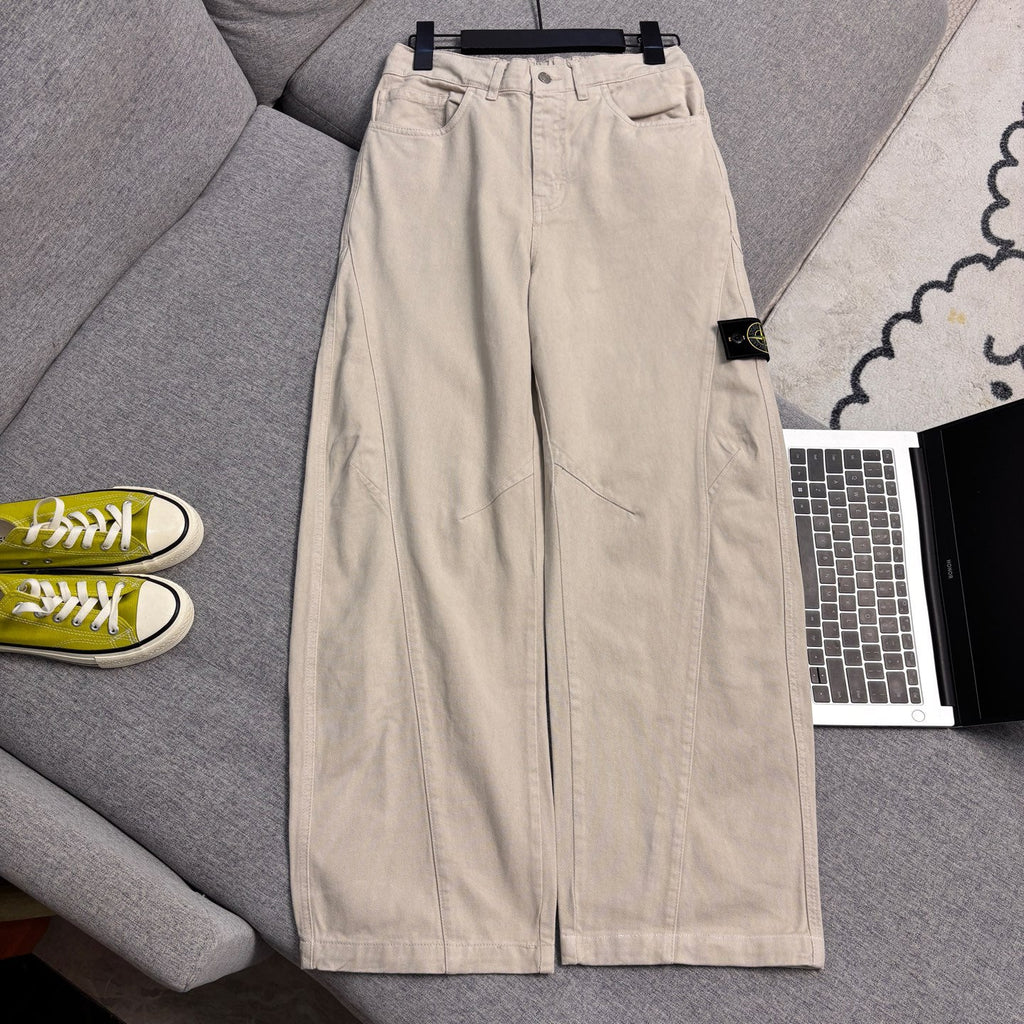 Stone Island Curved-Seam Wide Straight Cargo Trousers with Compass Badge