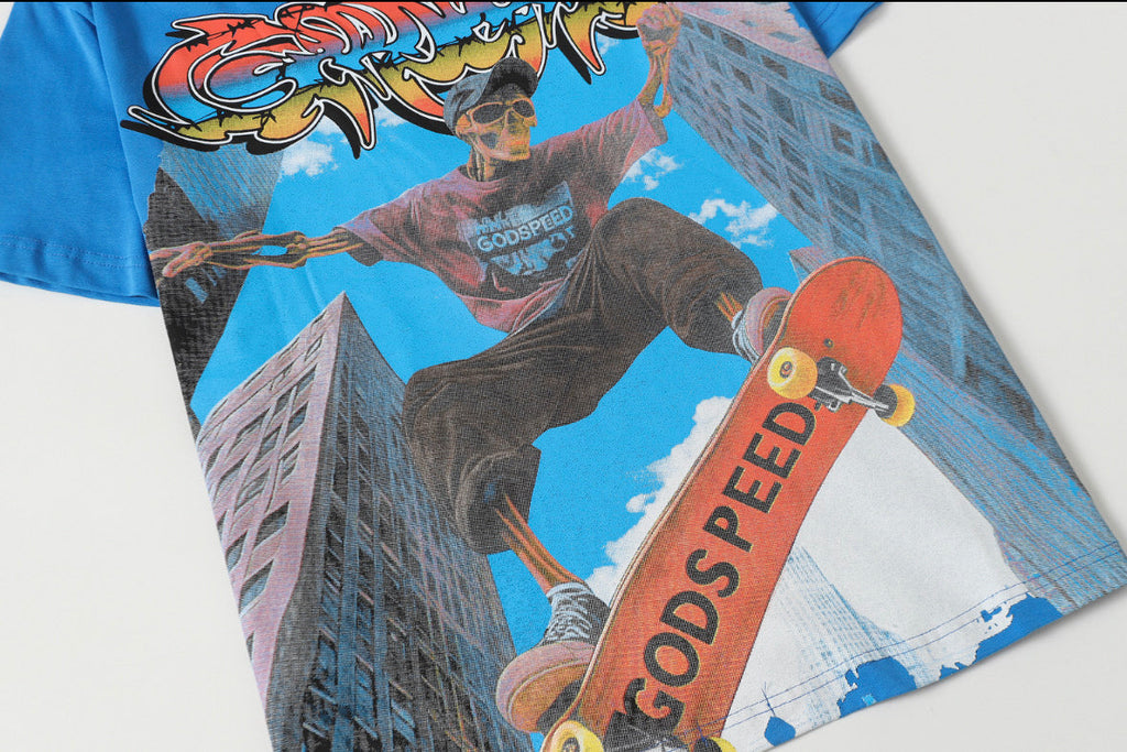 Godspeed Skeleton Skateboard City Graphic T‑Shirt (Bright Blue)