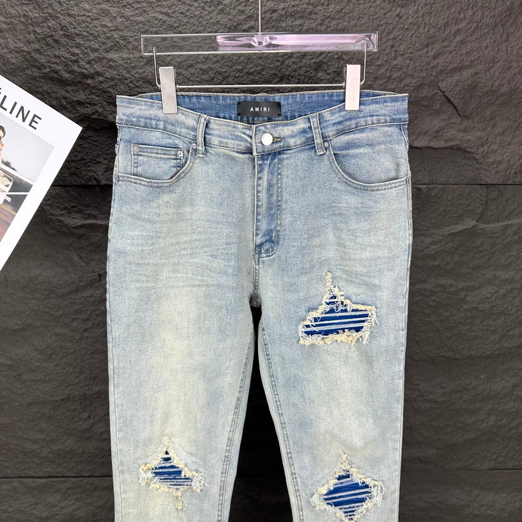 AMIRI Blue Ribbed Patch Diamond‑Rip Distressed Slim‑Fit Denim Jeans