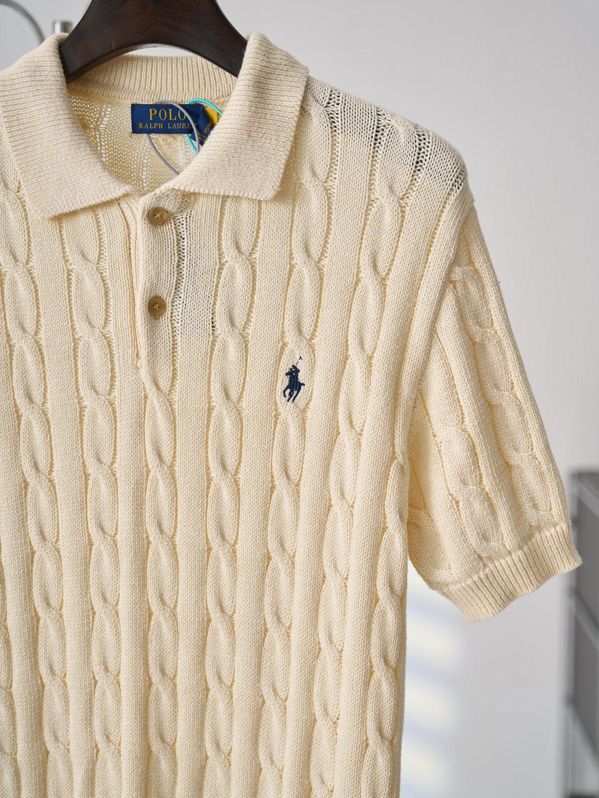 Ralph Lauren Men's Cable‑Knit Short‑Sleeve Polo Shirt, Navy Pony Embroidery