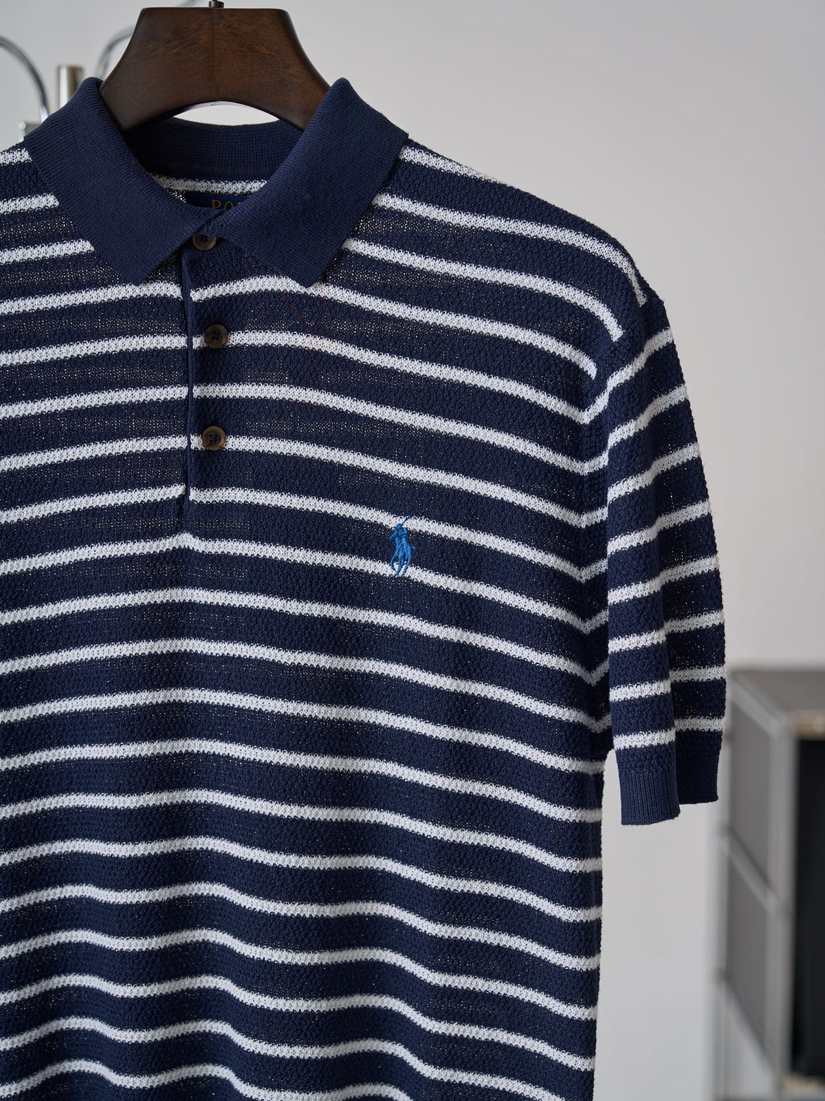 Polo Ralph Lauren Men's Striped Knit Short‑Sleeve Polo Shirt, Blue Pony Embroidery