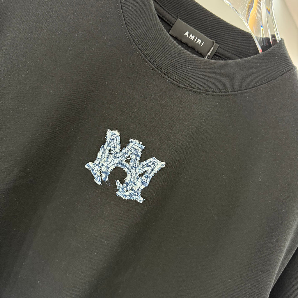 AMIRI Rhinestone Monogram Chest Logo Crew Neck Short‑Sleeve T‑Shirt