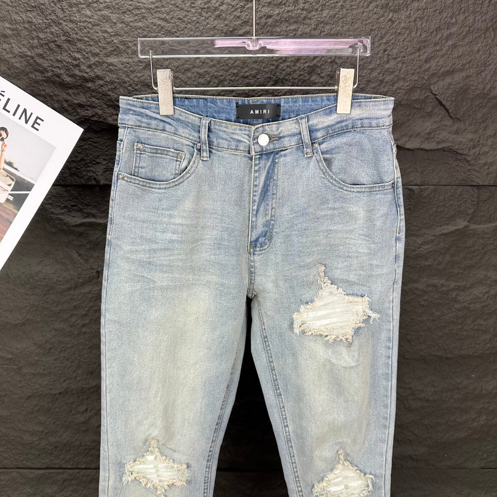 AMIRI White Ribbed Patch Distressed Slim‑Fit Denim Jeans