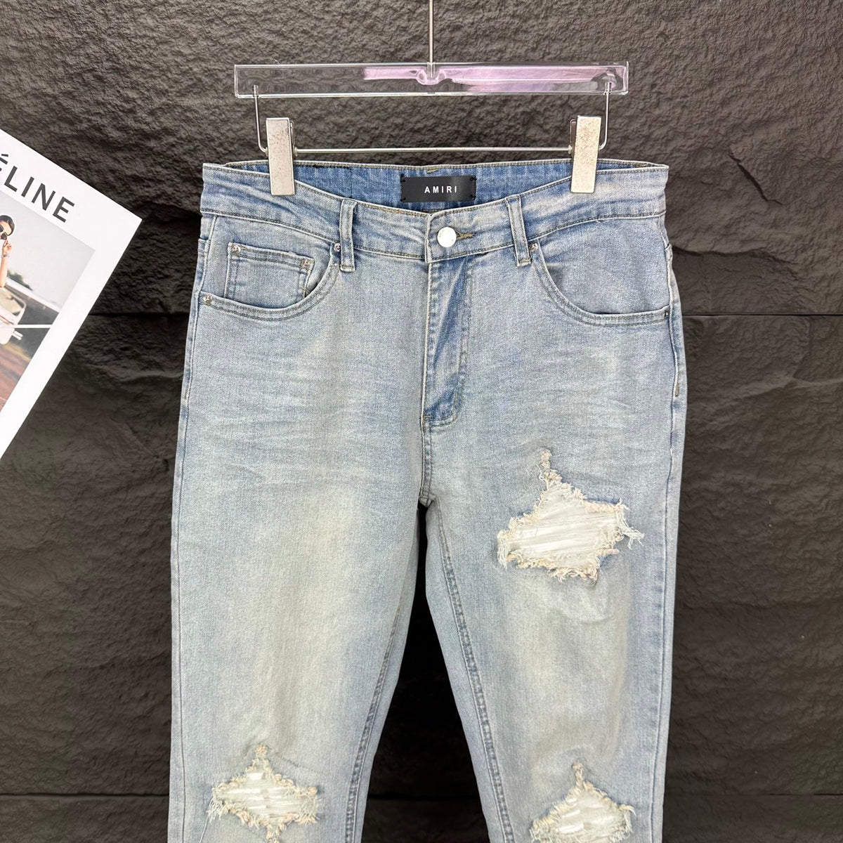 AMIRI White Ribbed Patch Distressed Slim‑Fit Denim Jeans