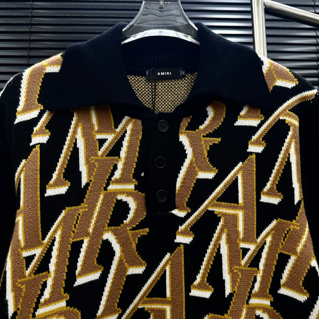 AMIRI All‑Over Letter Jacquard Short‑Sleeve Knit Polo Shirt