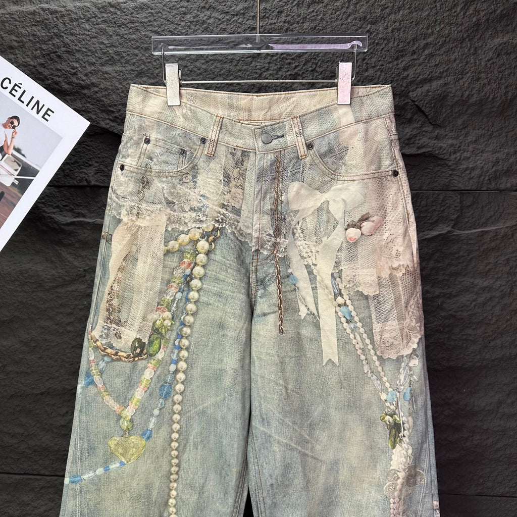 Acne Studios Vintage Pearl‑Lace Print Wide‑Leg Jeans
