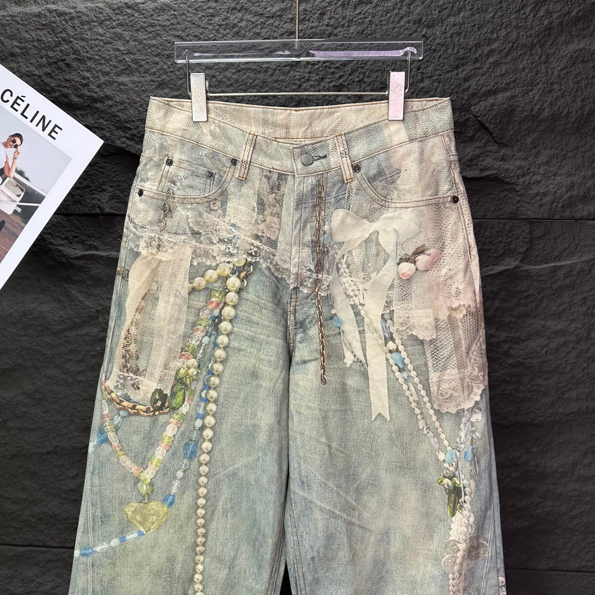 Acne Studios Vintage Pearl‑Lace Print Wide‑Leg Jeans