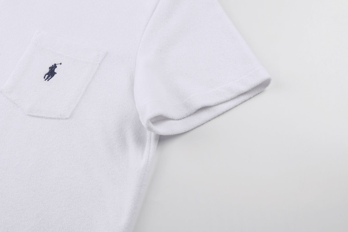 Polo Ralph Lauren Men's Terry‑Cloth Johnny Collar Pocket Short‑Sleeve Polo Shirt, Navy Pony Embroidery