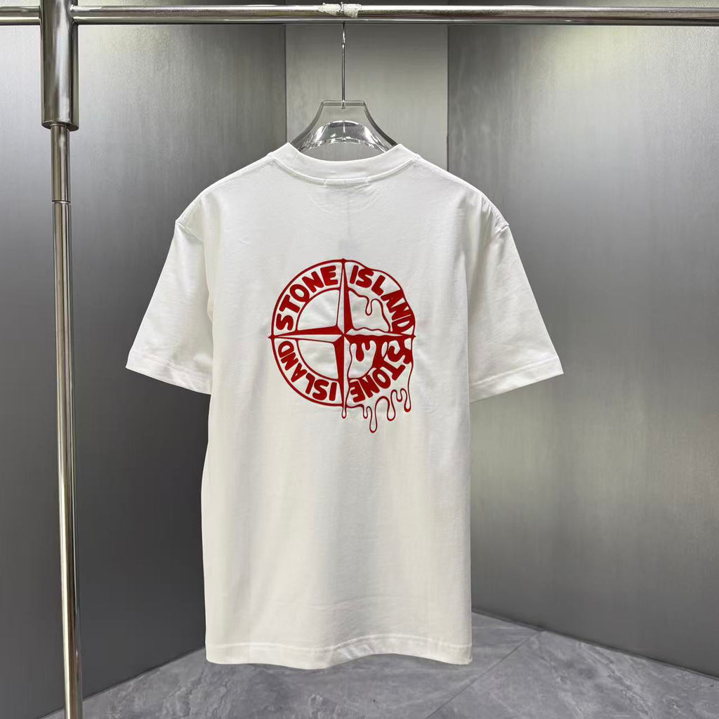 Stone Island Spring–Summer 2026 T-Shirt — Flock-Print Bubble Letter Logo, Compass Star Centre Chest