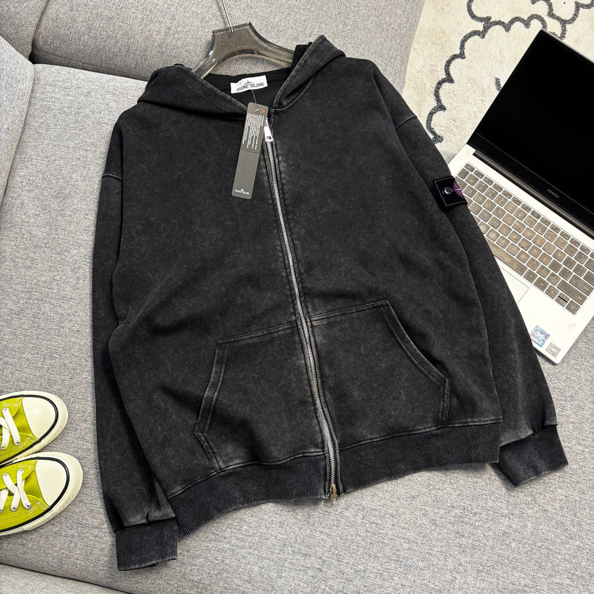 Stone Island Washed Zip-Up Hoodie with Purple Compass Badge