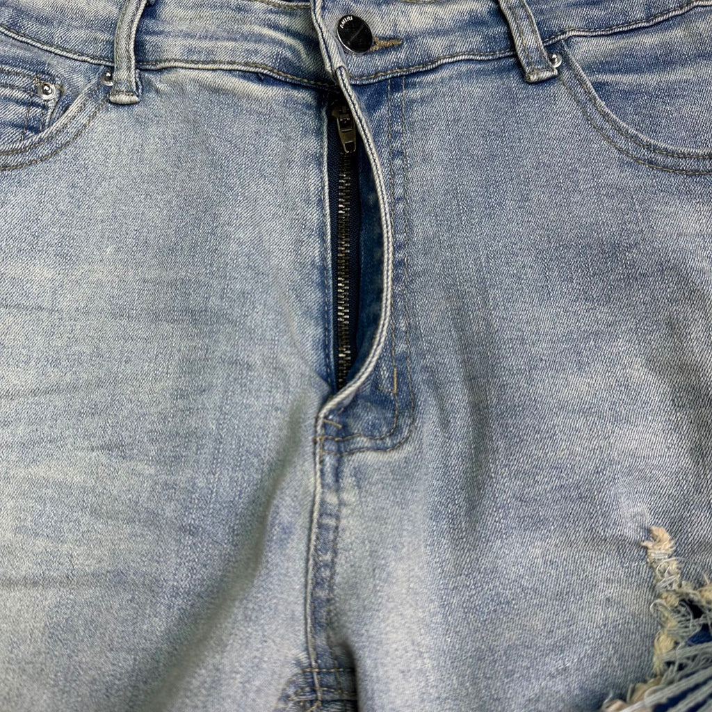 AMIRI Blue Ribbed Patch Diamond‑Rip Distressed Slim‑Fit Denim Jeans
