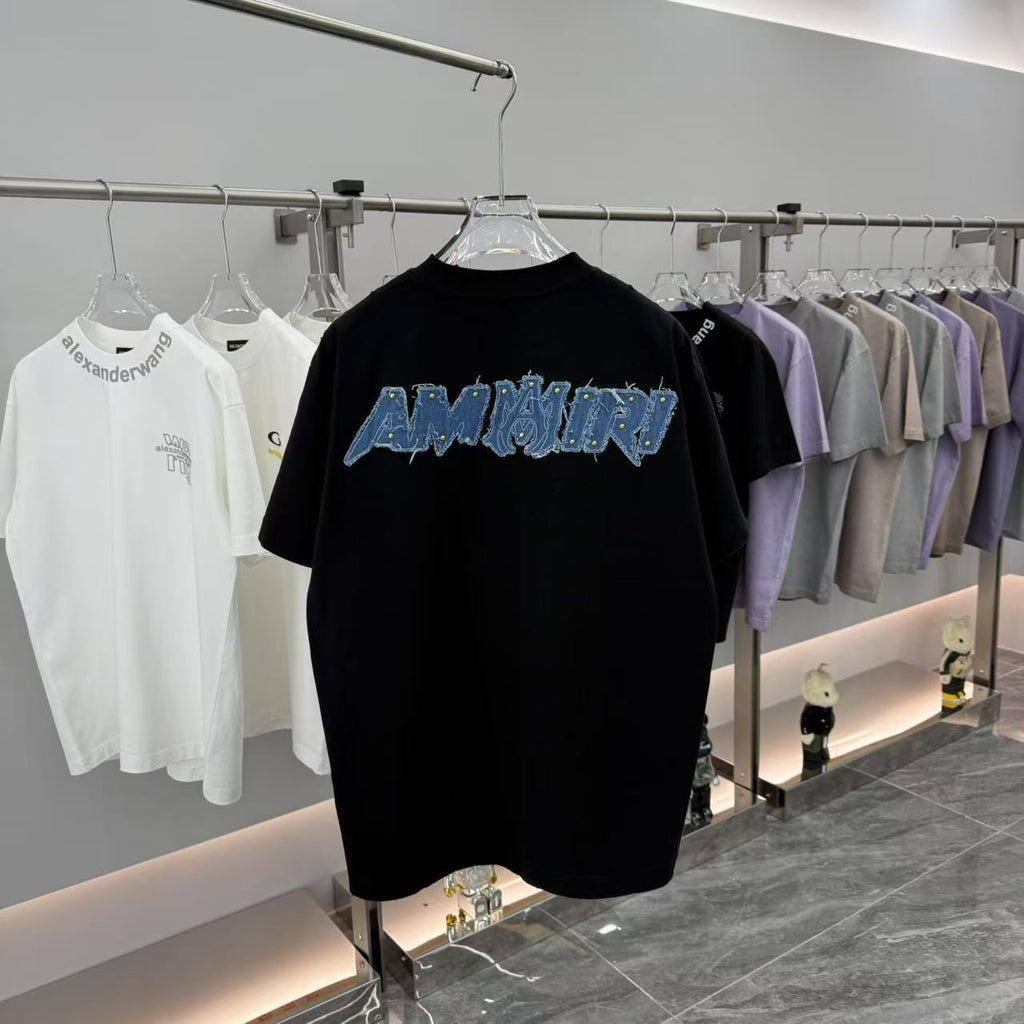 AMIRI Denim Rivet Patchwork Front & Back Graphic Crew Neck Short‑Sleeve T‑Shirt