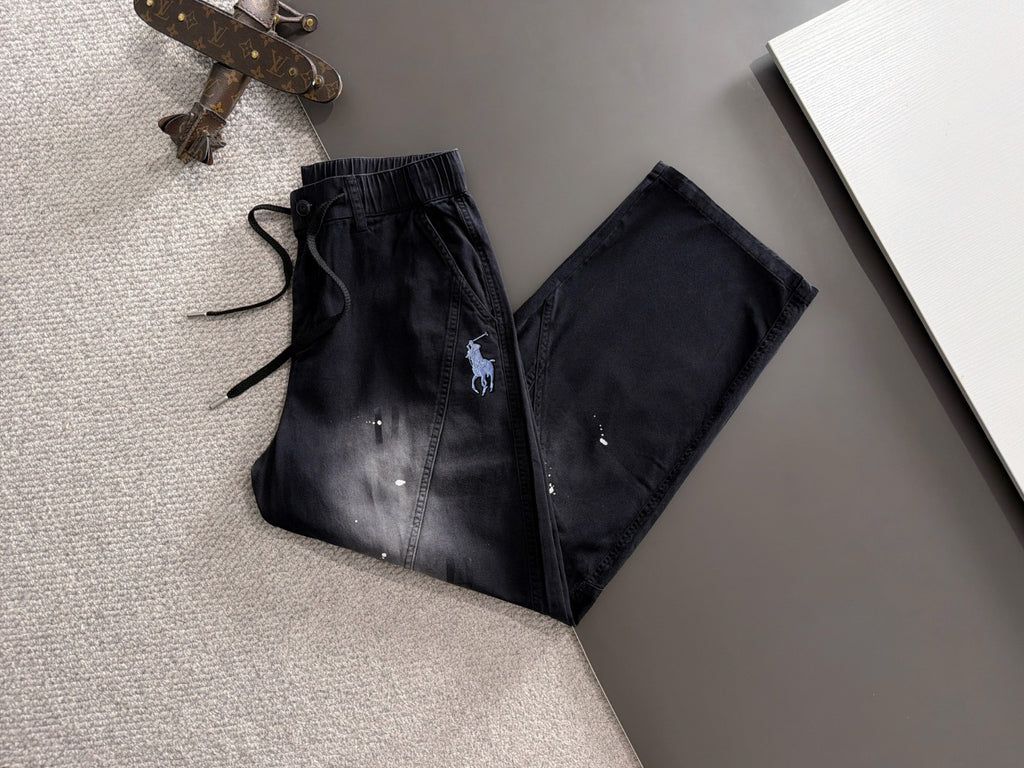 Men's Splatter Paint Wide‑Leg Casual Pants, Elastic Drawstring Waist Rider Embroidery Trousers