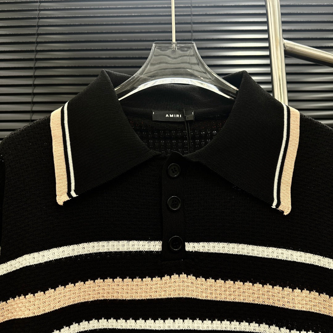 AMIRI Striped Knit Short‑Sleeve Polo Shirt